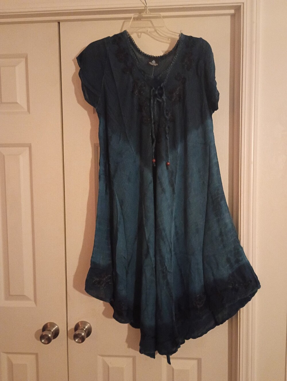 Cute Navy Sundress With See-through Sleeves.